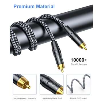 Tewmsc Subwoofer Cable 10ft, Dual Shielded Subwoofer RCA Cable Gold-Plated Connector RCA to RCA Audio Cable Nylon Braided RCA Subwoofer Cable for Amplifiers,Home Theater,Hi-Fi Systems,Subwoofer