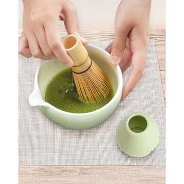 Joiish Matcha Bowl and Whisk Holder Set, Ceramic Tea Bowl and Whisk Stand, Matcha Tea Mixing Bowl wi...