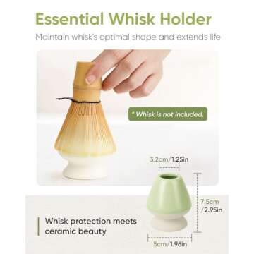 Joiish Matcha Bowl and Whisk Holder Set, Ceramic Tea Bowl and Whisk Stand, Matcha Tea Mixing Bowl with Spout (18 Ounce), Whisk Rest, Light Green