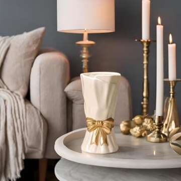 WLGRANJIA Bow Vase, White Flower Vase for Home Decor, White Ceramic Vase for Boho Style, 9.3 Inch Large Vase for Ideal Shelf Decor/Table/Living Room. (Glazed Exterior and Interior)