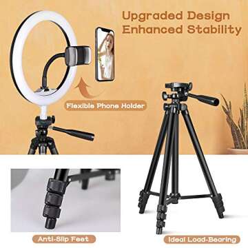 10.2” Selfie Ring Light, Aureday 50” Extendable Tripod Stand with Phone Holder for Makeup & YouTube Live Stream, Dimmable LED Lightning with Remote, Compatible with iPhone & Android Phone Black