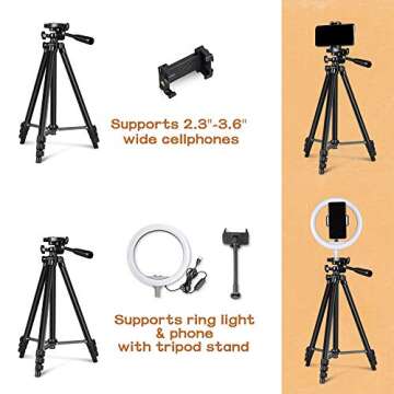 10.2” Selfie Ring Light, Aureday 50” Extendable Tripod Stand with Phone Holder for Makeup & YouTube Live Stream, Dimmable LED Lightning with Remote, Compatible with iPhone & Android Phone Black