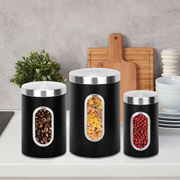 AEUNKIUO Black Kitchen Counter Canister set 3 pieces, 0.9/1.6/2.9 Quarts Stainless Steel Flour Sugar...