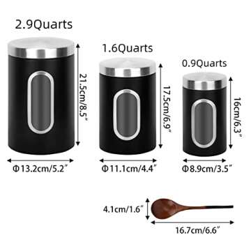AEUNKIUO Black Kitchen Counter Canister set 3 pieces, 0.9/1.6/2.9 Quarts Stainless Steel Flour Sugar Tea Coffee Biscult Storage Containers with with Long Wood Spoon&Visible