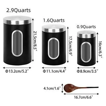 AEUNKIUO Black Kitchen Counter Canister set 3 pieces, 0.9/1.6/2.9 Quarts Stainless Steel Flour Sugar Tea Coffee Biscult Storage Containers with with Long Wood Spoon&Visible