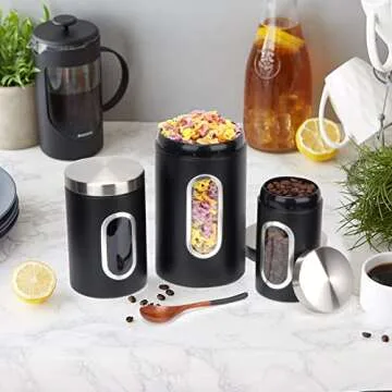 AEUNKIUO Black Kitchen Counter Canister set 3 pieces, 0.9/1.6/2.9 Quarts Stainless Steel Flour Sugar Tea Coffee Biscult Storage Containers with with Long Wood Spoon&Visible