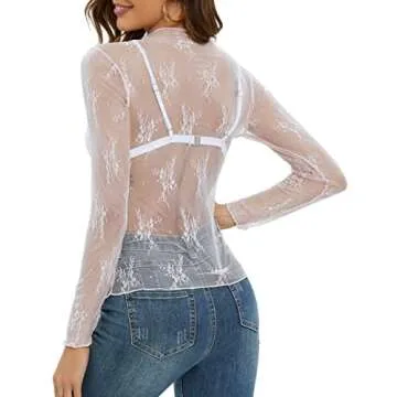 MEROKEETY Womens 2025 Mesh Sheer Long Sleeve Layering Top Sexy Y2k Mock Neck Floral Lace See Through Shirt Blouses White Medium