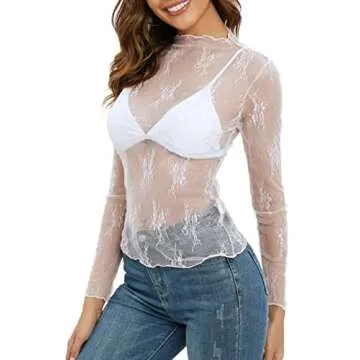MEROKEETY Womens 2025 Mesh Sheer Long Sleeve Layering Top Sexy Y2k Mock Neck Floral Lace See Through Shirt Blouses White Medium