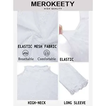 MEROKEETY Womens 2025 Mesh Sheer Long Sleeve Layering Top Sexy Y2k Mock Neck Floral Lace See Through Shirt Blouses White Medium