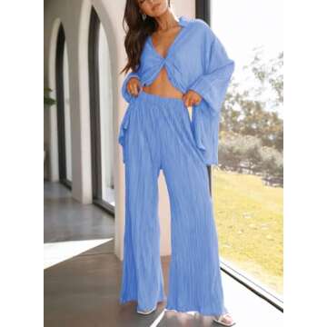 ARTFREE Womens Loungewear Set 2 Pieces Casual Pleated Outfits Sweatsuits Long Sleeve Button Down Shi...