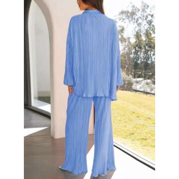 ARTFREE Womens Loungewear Set 2 Pieces Casual Pleated Outfits Sweatsuits Long Sleeve Button Down Shirt and Palazzo Pants
