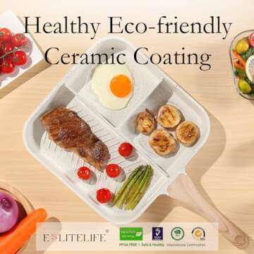 ESLITE LIFE Nonstick Divided Breakfast Grill Pan for Stove Tops, 11 Inch 3-In-1 Versatile Square Big Grill Skillet Pan for Indoor Cooking & Outdoor Grilling, PFOA Free, White