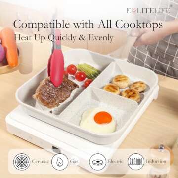 ESLITE LIFE Nonstick Divided Breakfast Grill Pan for Stove Tops, 11 Inch 3-In-1 Versatile Square Big Grill Skillet Pan for Indoor Cooking & Outdoor Grilling, PFOA Free, White