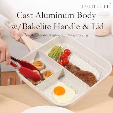 ESLITE LIFE Nonstick Divided Breakfast Grill Pan for Stove Tops, 11 Inch 3-In-1 Versatile Square Big Grill Skillet Pan for Indoor Cooking & Outdoor Grilling, PFOA Free, White