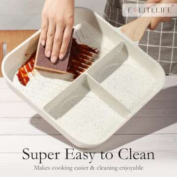 ESLITE LIFE Nonstick Divided Breakfast Grill Pan for Stove Tops, 11 Inch 3-In-1 Versatile Square Big Grill Skillet Pan for Indoor Cooking & Outdoor Grilling, PFOA Free, White