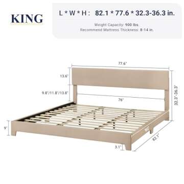 Allewie King Size Bed Frame with Adjustable Headboard, Upholstered Platform Bed with Wood Slats, Hea...