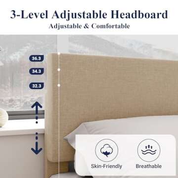 Allewie King Size Bed Frame with Adjustable Headboard, Upholstered Platform Bed with Wood Slats, Heavy Duty Mattress Foundation, No Box Spring Needed, Noise-Free, Easy Assembly, Beige