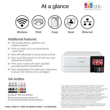Epson EcoTank Photo ET-8500 Wireless Color All-in-One Supertank Printer with Scanner, Copier, Ethernet and 4.3-inch Color Touchscreen, White, Large
