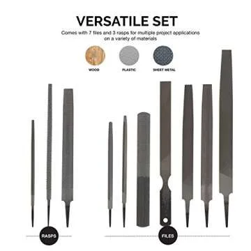 NEIKO 00109A Metal File and Rasp Set | 12 Piece, 10, 8, and 6 Inch Extra Slim Flat, Half, Mill, and Round Files Set | Non Slip PVC Handle, Wood File | Heat Treated Carbon Steel Two Way File