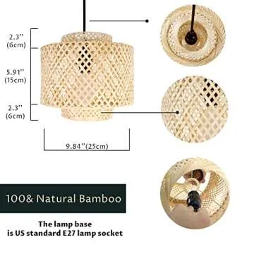 Natural Wicker Chandelier Bamboo Lamp Shade for Pendant Light-Light Fixtures Ceiling Hanging for Living Room Kitchen-Stylish Ceiling Hanging Fixture with a Free DIMMABLE 40W LED Bulb (9.8''xH10.6)