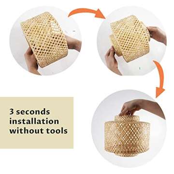 Natural Wicker Chandelier Bamboo Lamp Shade for Pendant Light-Light Fixtures Ceiling Hanging for Living Room Kitchen-Stylish Ceiling Hanging Fixture with a Free DIMMABLE 40W LED Bulb (9.8''xH10.6)