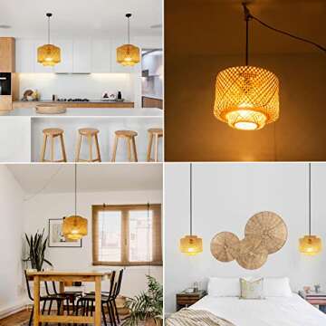 Natural Wicker Chandelier Bamboo Lamp Shade for Pendant Light-Light Fixtures Ceiling Hanging for Living Room Kitchen-Stylish Ceiling Hanging Fixture with a Free DIMMABLE 40W LED Bulb (9.8''xH10.6)