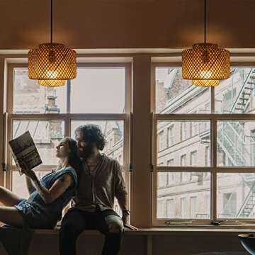 Natural Wicker Chandelier Bamboo Lamp Shade for Pendant Light-Light Fixtures Ceiling Hanging for Living Room Kitchen-Stylish Ceiling Hanging Fixture with a Free DIMMABLE 40W LED Bulb (9.8''xH10.6)