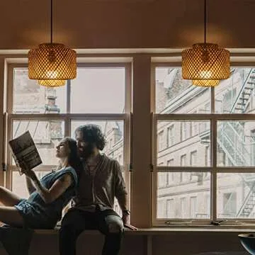 Natural Wicker Chandelier Bamboo Lamp Shade for Pendant Light-Light Fixtures Ceiling Hanging for Living Room Kitchen-Stylish Ceiling Hanging Fixture with a Free DIMMABLE 40W LED Bulb (9.8''xH10.6)