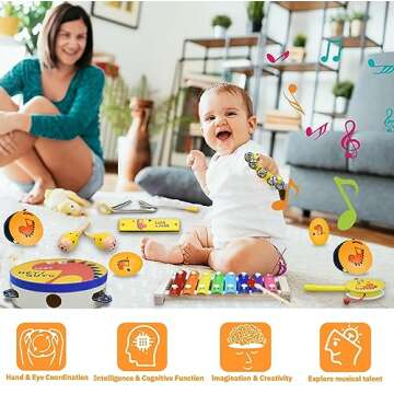 Toddlers Musical Instruments for Baby 1-3,Wooden Music Toys Set | Percussion Drum,Xylophone,Maracas Shakers,Tambourine | 14 PCS Dinosaur Instrumentos Musicales para Niños Kit for Kids Early Education