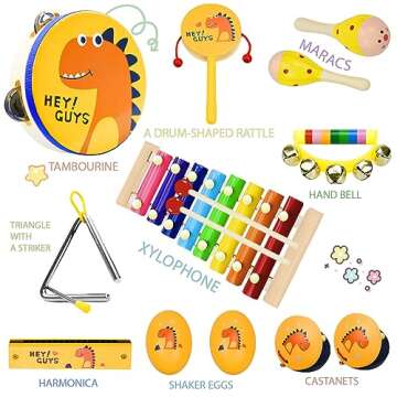 Toddlers Musical Instruments for Baby 1-3,Wooden Music Toys Set | Percussion Drum,Xylophone,Maracas Shakers,Tambourine | 14 PCS Dinosaur Instrumentos Musicales para Niños Kit for Kids Early Education