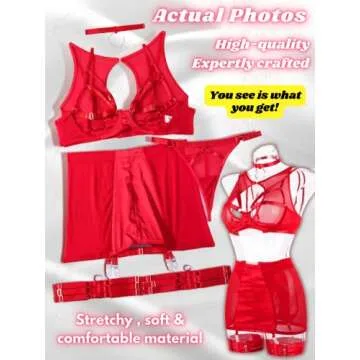 Kaei&Shi Garter Lingerie For Women,Sheer Mesh Choker Strappy Cutout Exotic Sexy Lingerie, High Waisted Thigh Band Skirt G String Matching 4 Piece Lingerie Set Boudoir Red Medium