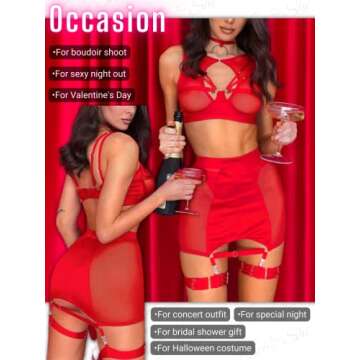 Kaei&Shi Garter Lingerie For Women,Sheer Mesh Choker Strappy Cutout Exotic Sexy Lingerie, High Waisted Thigh Band Skirt G String Matching 4 Piece Lingerie Set Boudoir Red Medium