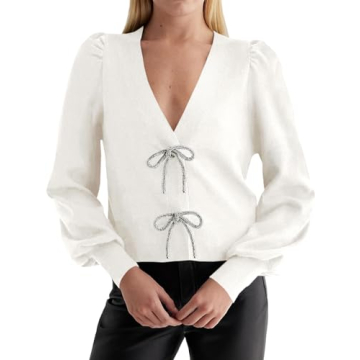 Saodimallsu Womens Puff Long Sleeve Sweaters V Neck Cropped Bow Button Front Cozy Knit Cardigan Swea...