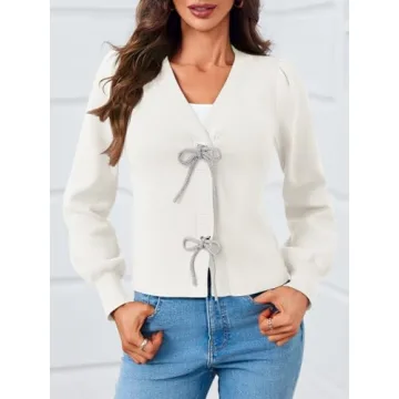 Elegant Saodimallsu Puff Sleeve V Neck Cardigan Sweater