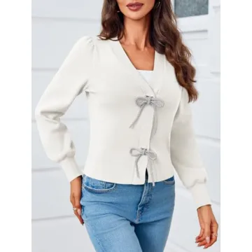 Elegant Saodimallsu Puff Sleeve V Neck Cardigan Sweater