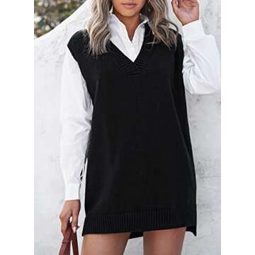 EVALESS Womens V Neck Sweater Vest Sleeveless Black Knit Sweaters for Women Fall Solid Color Irregul...