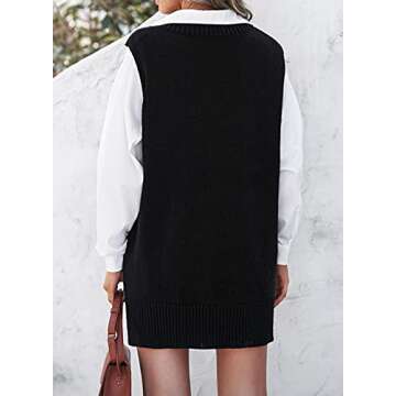 EVALESS Womens V Neck Sweater Vest Sleeveless Black Knit Sweaters for Women Fall Solid Color Irregular Hem Loose Pullover Sweater Small