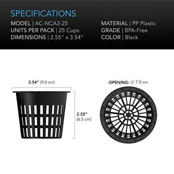 AC Infinity Net Cups 3-Inch, Heavy Duty Garden Slotted Net Pots with Wide Lip Rims, 25-Pack Black Bucket Basket for Indoor Outdoor Growing, Orchids, Aquaponics, Hydroponics