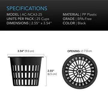 AC Infinity Net Cups 3-Inch, Heavy Duty Garden Slotted Net Pots with Wide Lip Rims, 25-Pack Black Bucket Basket for Indoor Outdoor Growing, Orchids, Aquaponics, Hydroponics