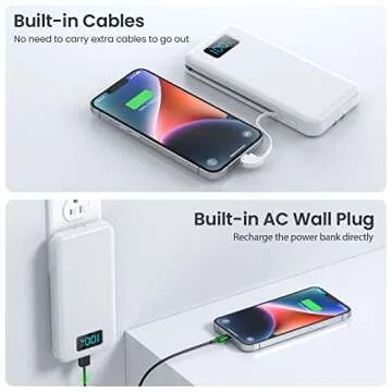 Portable Charger with Built-in Cables & AC Wall Plug,Ultra Slim 13800mAh USB-C Power Bank,4 Output 2 Input LCD Display External Battery Pack Phone Charger Compatible with iPhone Samsung Android-White