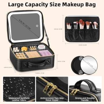 Jadazror Lighted Travel Makeup Bag - 3 Colors, Mirror, 2-Layer Organizer with 10X Magnifying Mirror - Portable Cosmetic Case with Adjustable Dividers (Black)