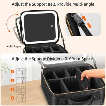 Jadazror Lighted Travel Makeup Bag - 3 Colors, Mirror, 2-Layer Organizer with 10X Magnifying Mirror - Portable Cosmetic Case with Adjustable Dividers (Black)
