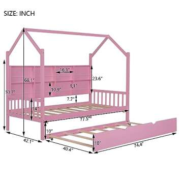 YOPTO Twin Size House Bed with Trundle,Pine Wood Playhouse Bed Frame W/Storage Shelf,Front and Rear Guardrails,No Box Spring Needed,Easy Assembly,for Kids,Boys,Girls