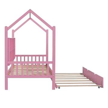 YOPTO Twin Size House Bed with Trundle,Pine Wood Playhouse Bed Frame W/Storage Shelf,Front and Rear Guardrails,No Box Spring Needed,Easy Assembly,for Kids,Boys,Girls