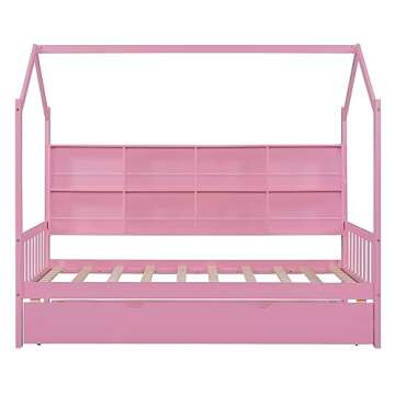 YOPTO Twin Size House Bed with Trundle,Pine Wood Playhouse Bed Frame W/Storage Shelf,Front and Rear Guardrails,No Box Spring Needed,Easy Assembly,for Kids,Boys,Girls