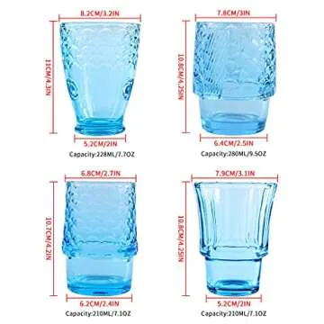 MDLUU Fish Design Tumbler Glasses, Stackable Drinking Glasses, Colored Glass Beverage Cups, Nautical Glassware for Gift, Set of 4 (Blue)