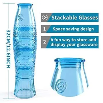 MDLUU Fish Design Tumbler Glasses, Stackable Drinking Glasses, Colored Glass Beverage Cups, Nautical Glassware for Gift, Set of 4 (Blue)
