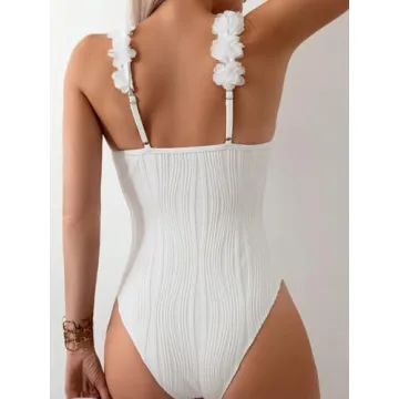 OYOANGLE Women's Textured One Piece Swimsuit Floral Appliques Spaghetti Strap Tummy Control Bathing Suits White X-Large