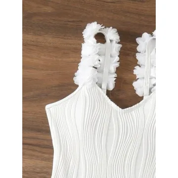 OYOANGLE Women's Textured One Piece Swimsuit Floral Appliques Spaghetti Strap Tummy Control Bathing Suits White X-Large