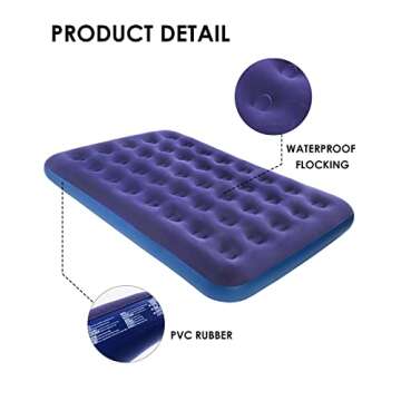 JEAOUIA Full Size Air Mattress for Inflatable - Portable Blue Blow Up Mattresses with Flocked top - Double Foldable Air Bed for Tent Camping Home Travel Backpacking